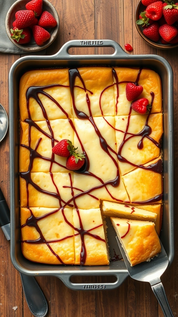 Baked cheesecake squares in a 9x13 pan, garnished with berries and chocolate sauce, on a wooden table.